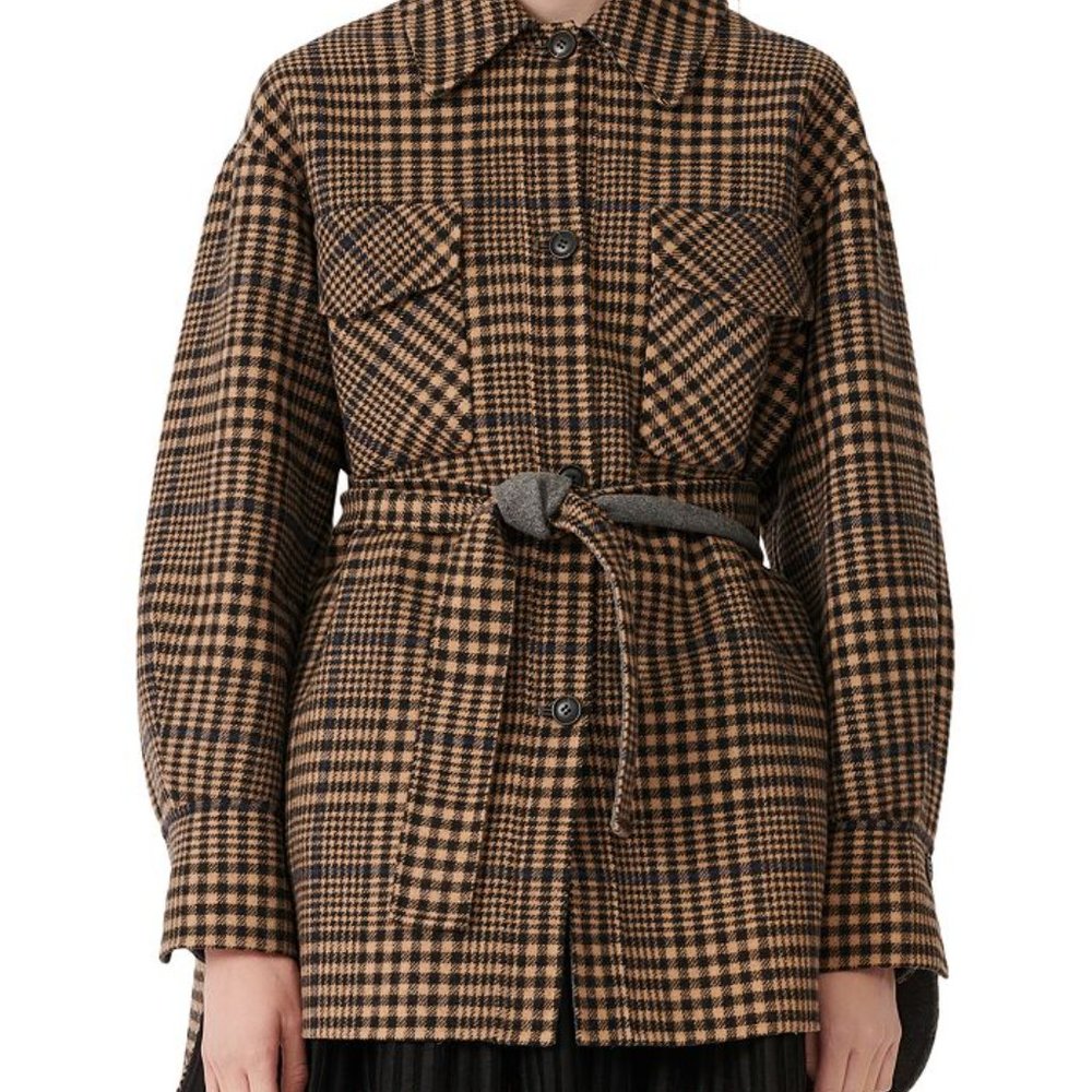 Maje Gavino Belted Wool Plaid Oversized Jacket Shacket